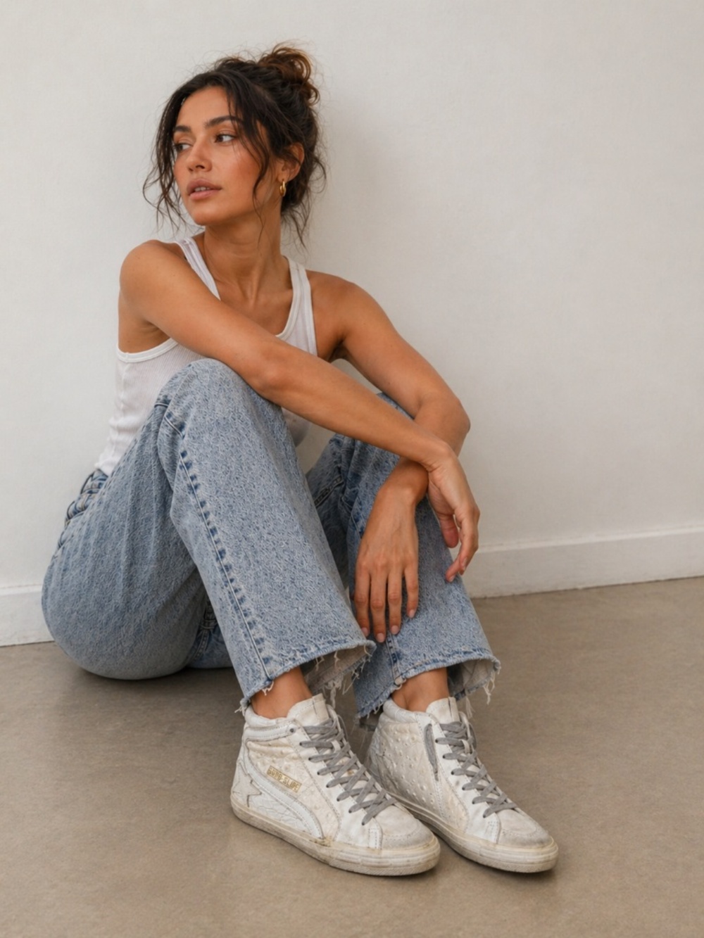 Golden Goose High Top Slide Women 38 Ivory Ecru Leather Distressed Suede GGDB